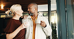Coffee, home and window with couple for morning conversation, romance or love together. Interracial relationship, man and woman talking with cup or mug of caffeine for beverage or break in house