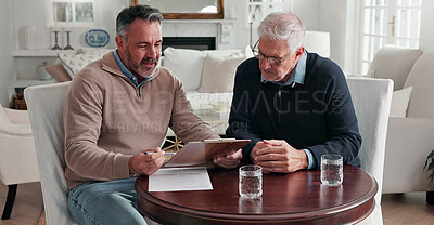 Buy stock photo Advisor, meeting and old man in home with clipboard, finance report and document for consent form. Consultant, senior person and checklist with paperwork, financial information and loan application