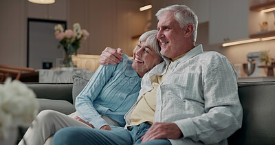 Buy stock photo Relax, laughing and hug with old couple on sofa in home for bonding, funny joke and connection. Loyalty, support and commitment with senior man and woman in living room in house for comic and humor