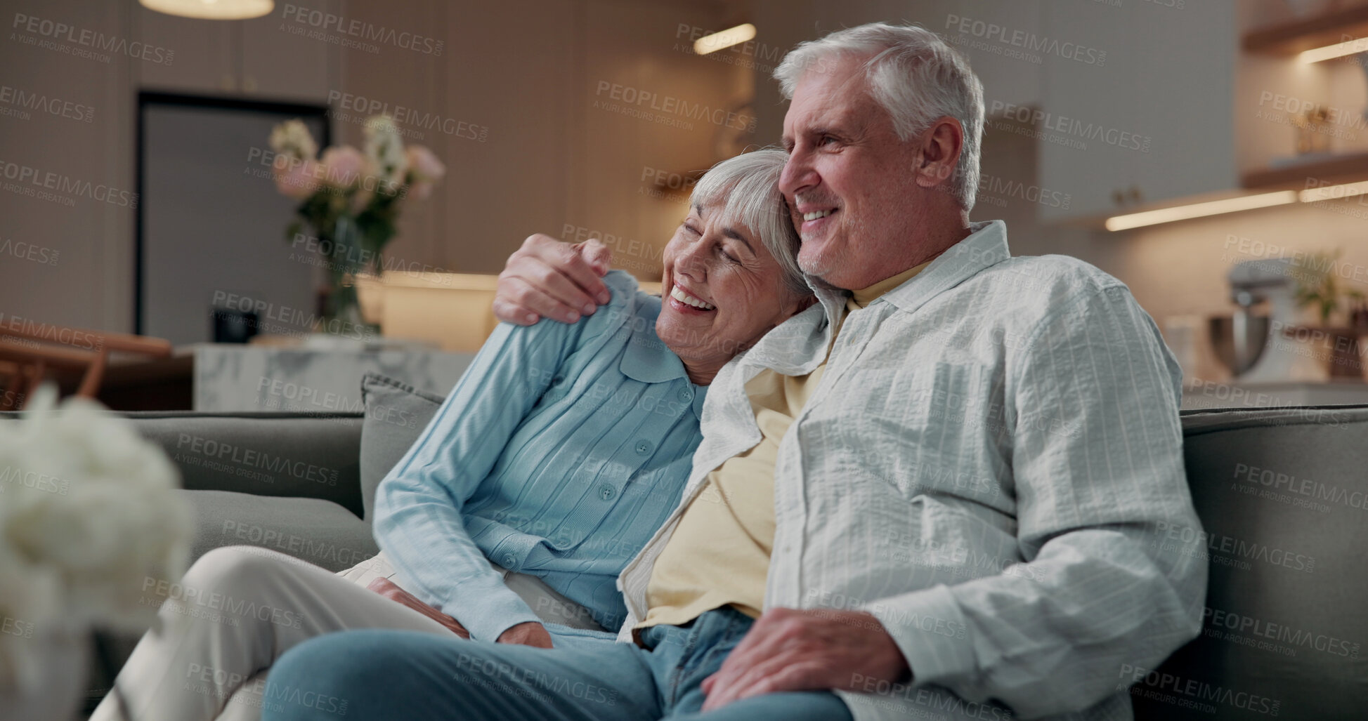 Buy stock photo Relax, laughing and hug with old couple on sofa in home for bonding, funny joke and connection. Loyalty, support and commitment with senior man and woman in living room in house for comic and humor
