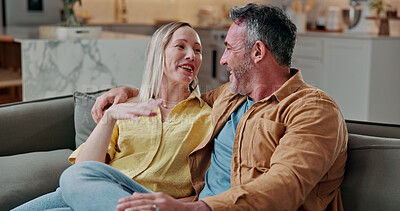 Buy stock photo Relax, laughing and talking with couple on sofa in home for bonding, funny joke and connection. Loyalty support and commitment with man and woman in living room in house for comic and humor together