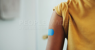 Buy stock photo Medical, arm and kid with plaster, flu vaccine and virus prevention for childhood development. Healthcare, space and boy with wound bandage, immunization shot and disease protection in child growth.