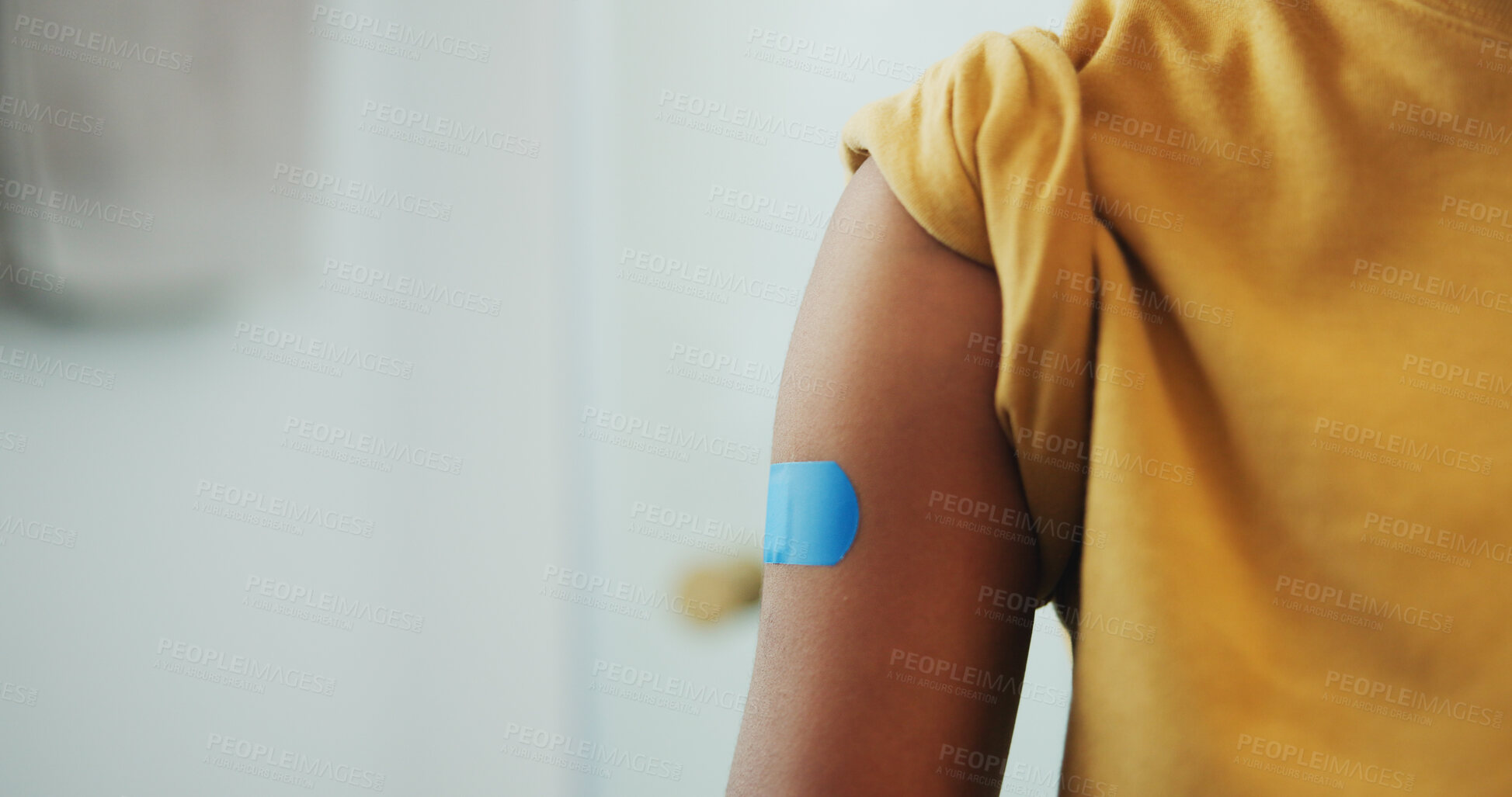 Buy stock photo Medical, arm and kid with plaster, flu vaccine and virus prevention for childhood development. Healthcare, space and boy with wound bandage, immunization shot and disease protection in child growth.