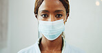 Portrait, sick and black woman in home with face mask, hygiene and medical safety for wellness. Female person, virus and ppe at house for healthcare, protocol and prevent contamination of infection