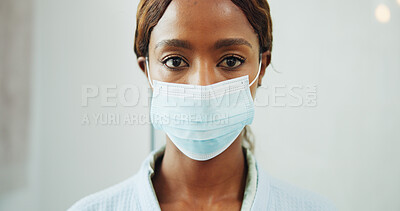 Buy stock photo Portrait, sick and black woman in home with face mask, hygiene and medical safety for wellness. Female person, virus and ppe at house for healthcare, protocol and prevent contamination of infection