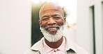 Happy, outdoor and portrait of black man in new house for assisted living center, pride and relax. Moving in, retirement home and smile with elderly person in backyard for growth and security