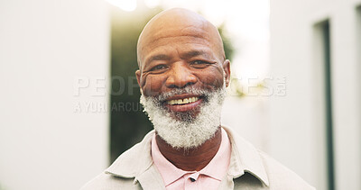 Buy stock photo Happy, outdoor and portrait of black man in new house for property investment, pride and relax. Moving in, retirement and smile with elderly person in backyard of home for growth and security