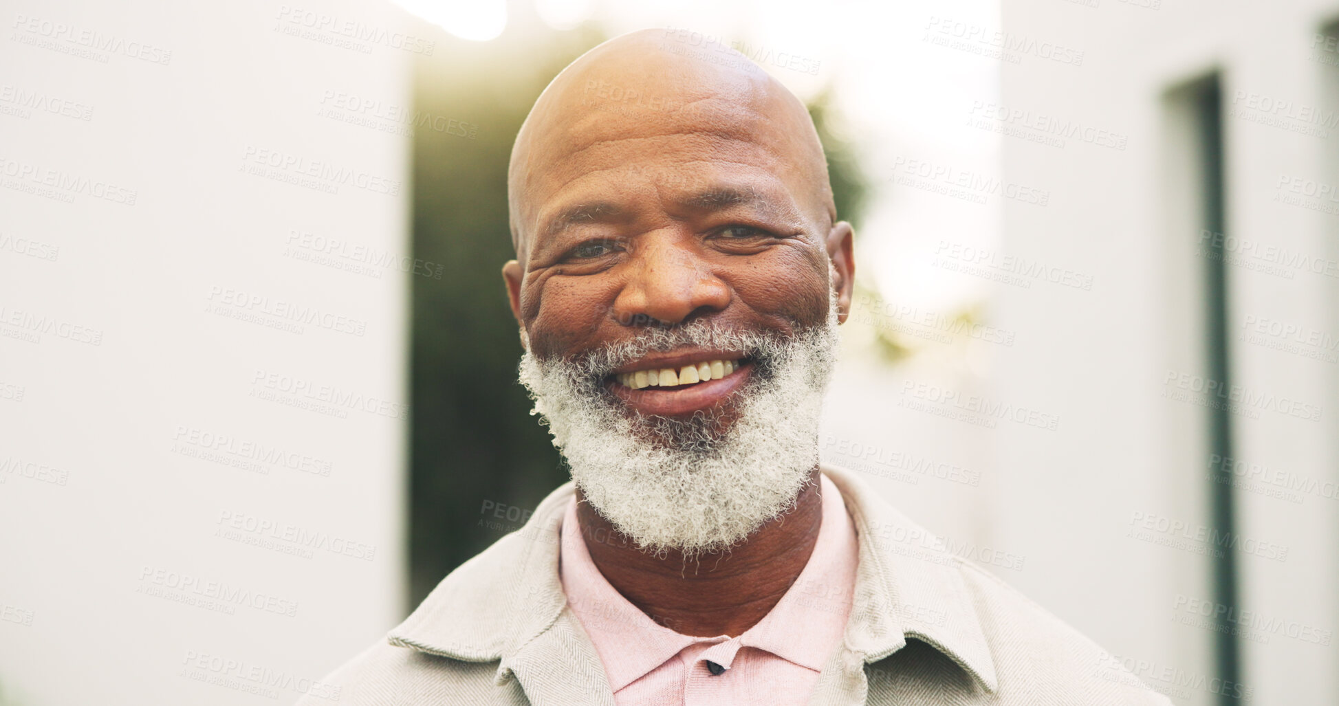 Buy stock photo Happy, outdoor and portrait of black man in new house for property investment, pride and relax. Moving in, retirement and smile with elderly person in backyard of home for growth and security