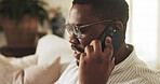 Phone call, talking or black man in home with connection, online communication or contact on digital site. Networking, glasses or person with tech, discussion or telecommunication on virtual platform