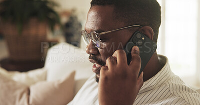 Buy stock photo Phone call, talking or black man in home with connection, online chat or contact in digital communication. Networking, glasses or person with tech, discussion or conversation in telecommunication.