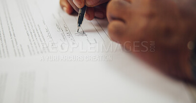Buy stock photo Person, hands and signing with pen on documents for registration or legal contract application. Closeup, user or client writing with paper or signature for policy agreement, compliance or insurance