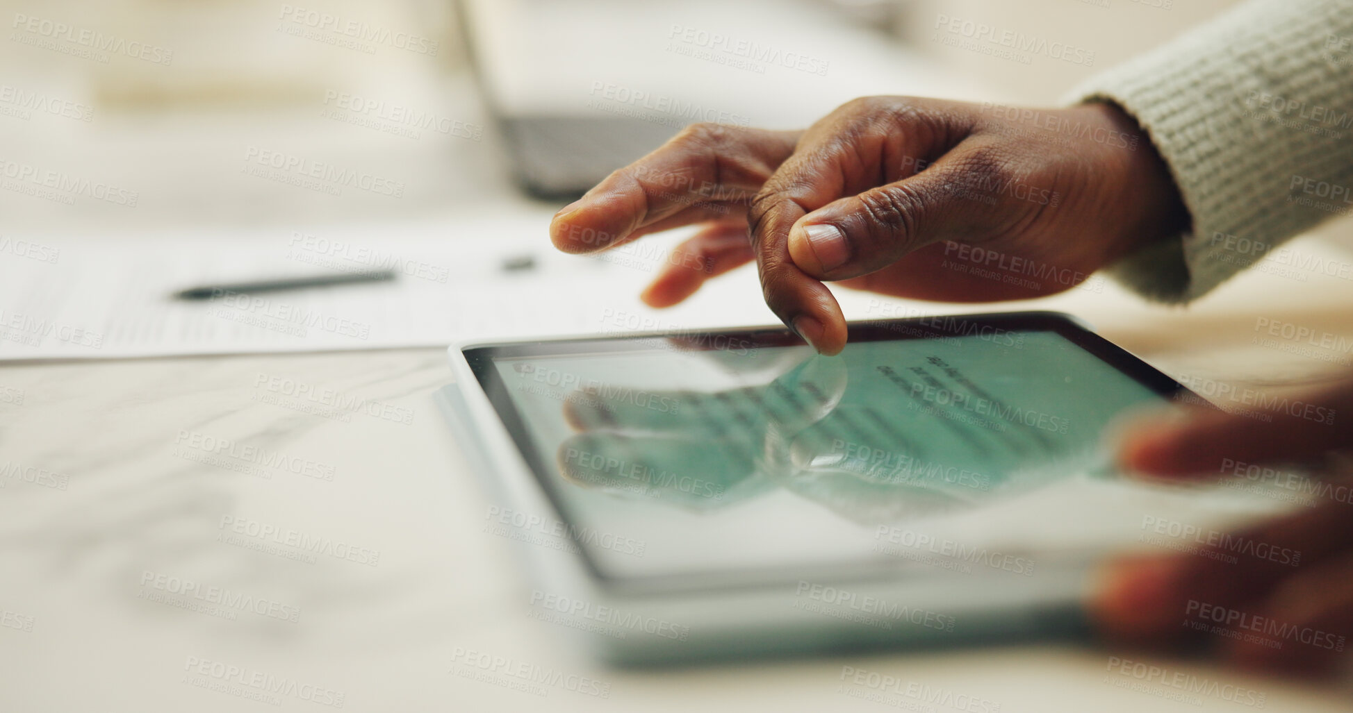 Buy stock photo Person, hands and tablet screen with information for online network, connection or application. User, client or reading with technology display for digital survey, policy or registration process