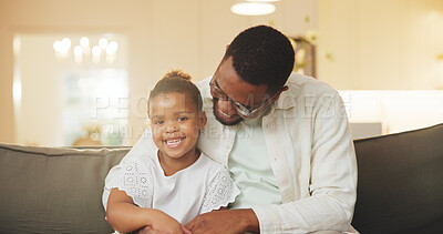 Buy stock photo Happy, hug and child with father on sofa in home for bonding, love and connection on weekend. Smile, relax and African girl kid with dad in living room for care, safety or trust together in house.
