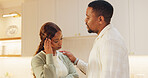 Sad, woman and couple with comfort in home for conflict resolution, reassurance and mistake. Reconciliation, black people or sorry in kitchen with partner apology, marriage tension or restore harmony