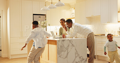 Buy stock photo Laptop, discussion and parents with children in kitchen for playing on weekend with online savings. Run, African people and kids with mother and father for conversation on finance bills with computer