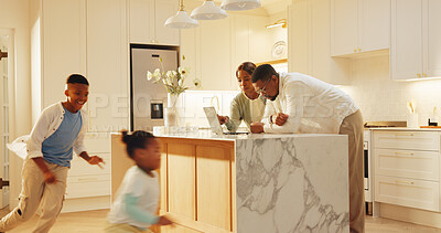 Buy stock photo Laptop, discussion and parents with kids in kitchen for playing on weekend with online savings. Run, African people and children with mother and father for conversation on finance bills with computer