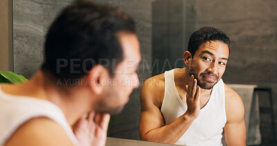 Buy stock photo Skincare, man and check face in mirror for hydration treatment, natural beauty or skin glow. Reflection, male person and happy with routine inspection for grooming, dermatology or results in home