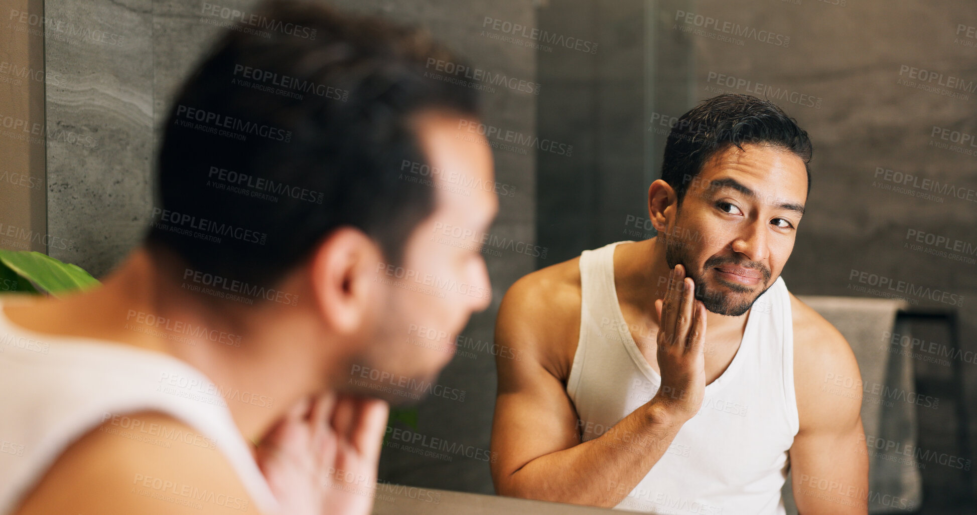 Buy stock photo Skincare, man and check face in mirror for hydration treatment, natural beauty or skin glow. Reflection, male person and happy with routine inspection for grooming, dermatology or results in home