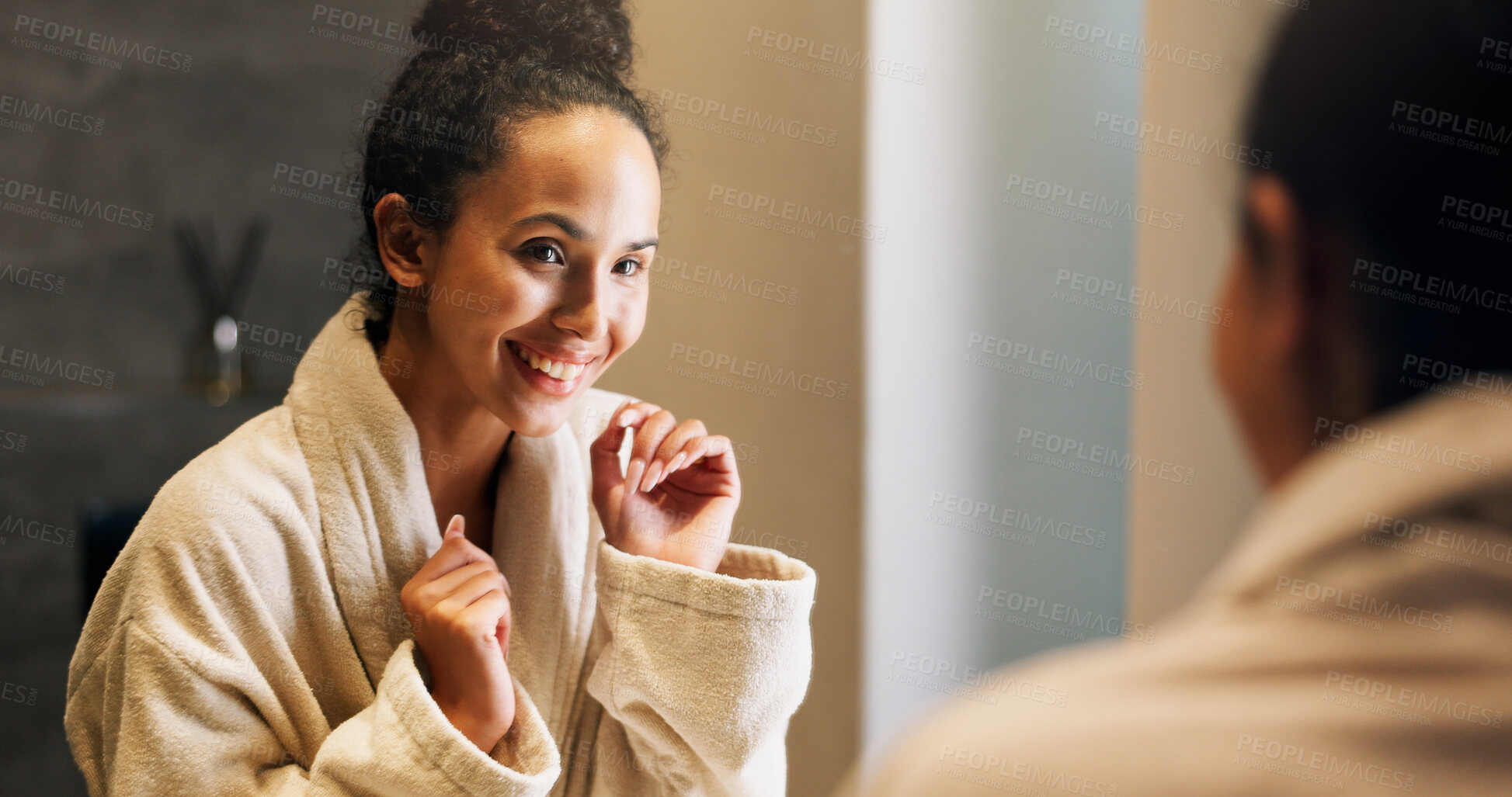 Buy stock photo Skincare, woman and excited in mirror for hydration treatment, natural beauty or skin glow. Reflection, female person and happy with routine inspection for grooming, dermatology or results in home