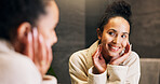 Skincare, smile and woman in mirror for hydration treatment, natural beauty or skin glow. Reflection, female person and happy with routine inspection for grooming, dermatology or results in home