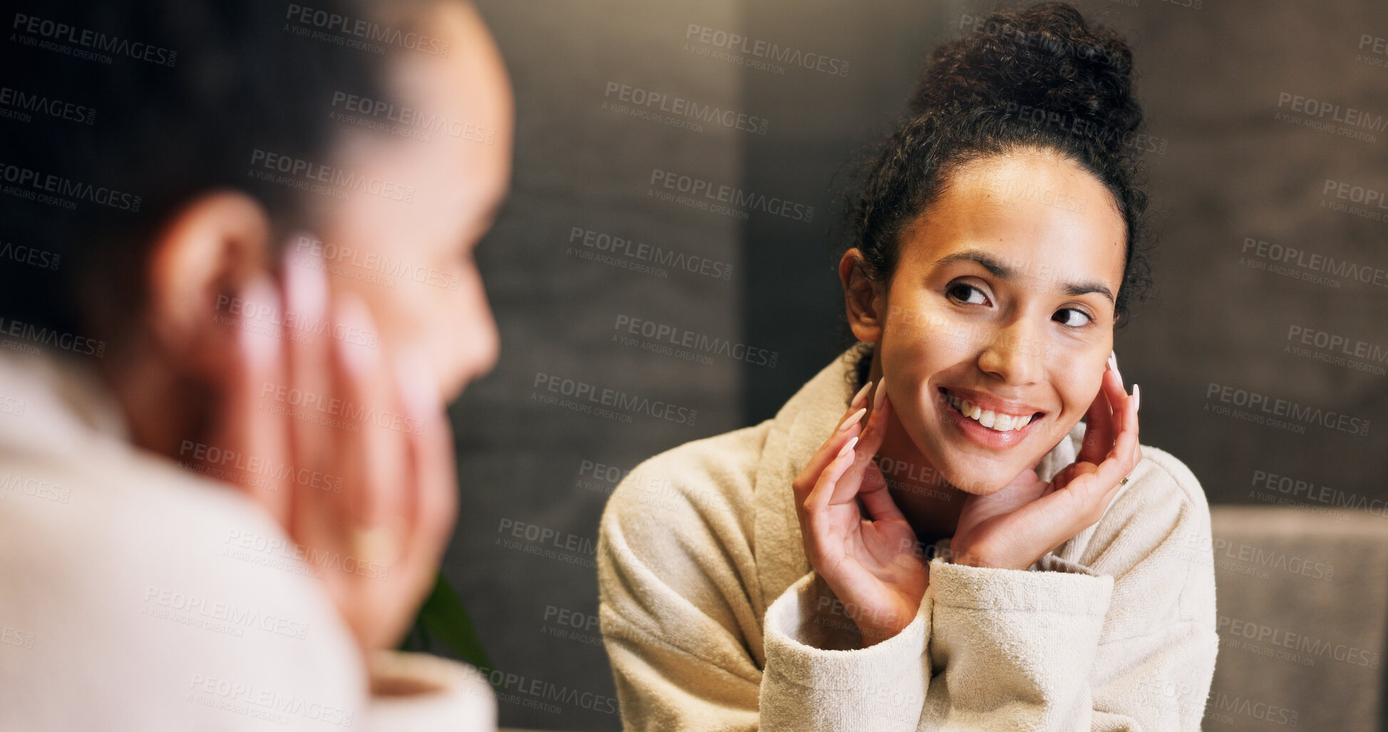 Buy stock photo Skincare, smile and woman in mirror for hydration treatment, natural beauty or skin glow. Reflection, female person and happy with routine inspection for grooming, dermatology or results in home