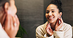Dermatology, smile and woman in mirror for hydration treatment, natural beauty or skin glow. Reflection, female person and happy with routine inspection for grooming, skincare or results in home