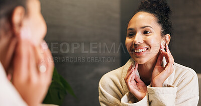 Buy stock photo Dermatology, smile and woman in mirror for hydration treatment, natural beauty or skin glow. Reflection, female person and happy with routine inspection for grooming, skincare or results in home