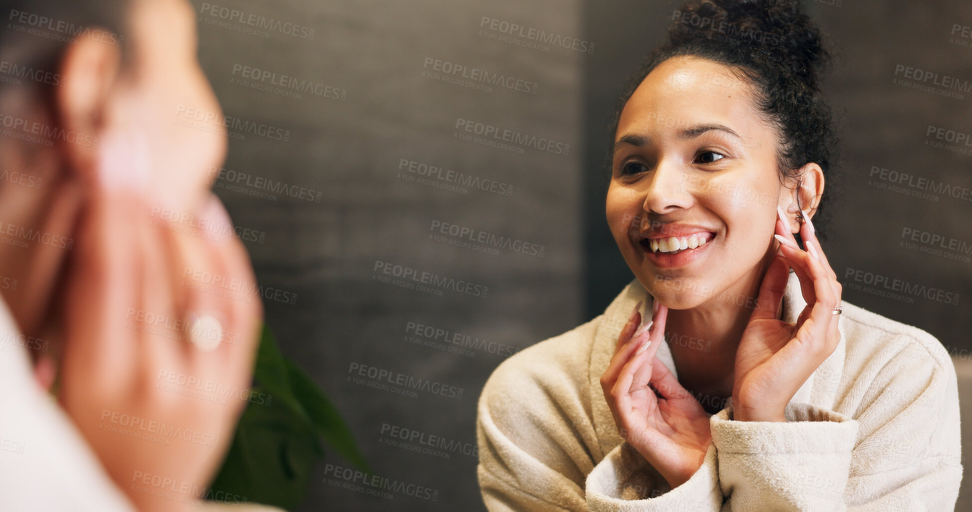 Buy stock photo Dermatology, smile and woman in mirror for hydration treatment, natural beauty or skin glow. Reflection, female person and happy with routine inspection for grooming, skincare or results in home