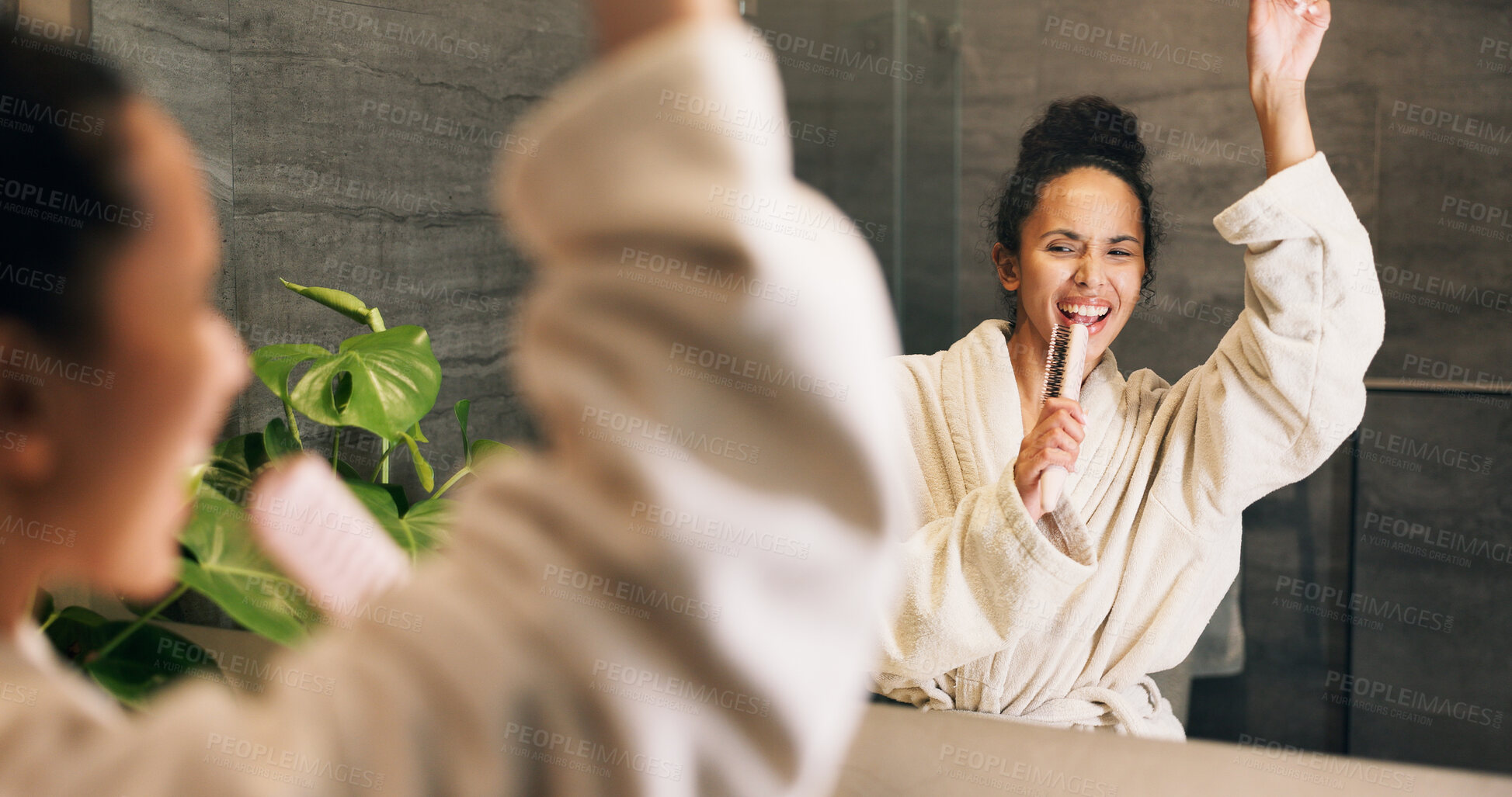 Buy stock photo Singing, bathroom and woman with brush in mirror for wellness, grooming or fun for morning routine. Dance, reflection and person in home for karaoke, song or energy for self care and cleaning