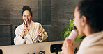 Karaoke, bathroom and woman with brush in mirror for wellness, grooming or fun for morning routine. Dance, reflection and person in home for singing, song or energy for self care and cleaning