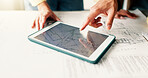 Tablet screen, hands and architects in office with blueprint, people and building development. Digital technology, planning or team of civil engineers with online floor plan for renovation or repairs