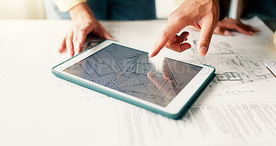 Buy stock photo Tablet screen, hands and architects in office with blueprint, people and building development. Digital technology, planning and team of civil engineers with online floor plan for renovation or repairs.