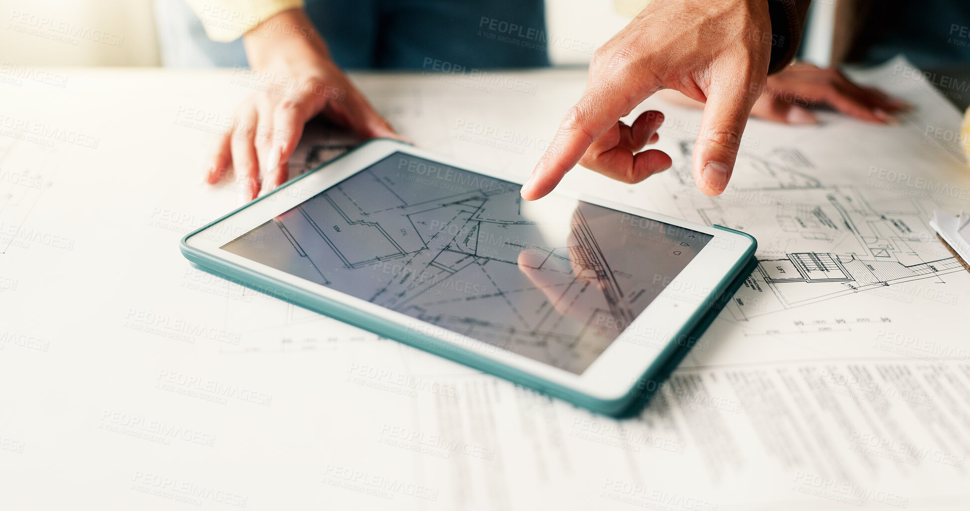 Buy stock photo Tablet screen, hands and architects in office with blueprint, people and building development. Digital technology, planning and team of civil engineers with online floor plan for renovation or repairs.