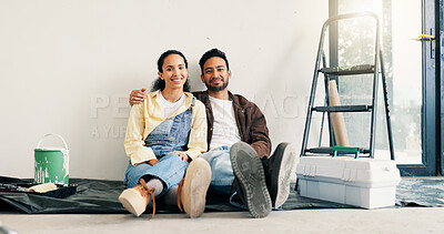 Buy stock photo Smile, wall and portrait of couple in new home for renovation, repairs or property development. Happy, bonding and man with woman for painting, maintenance or planning on project in apartment.