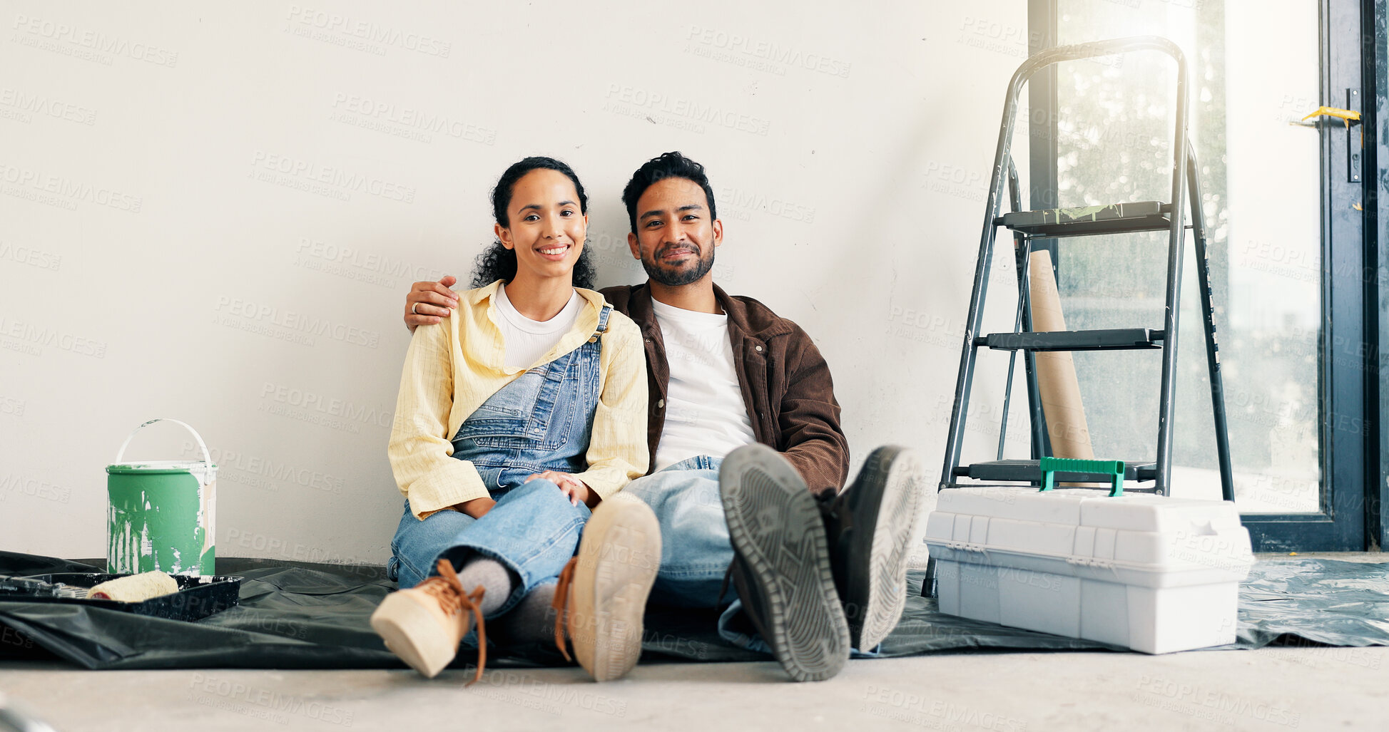 Buy stock photo Smile, wall and portrait of couple in new home for renovation, repairs or property development. Happy, bonding and man with woman for painting, maintenance or planning on project in apartment.