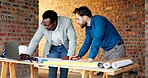 People, engineer and laptop at site for construction, research and planning for architecture. Men, team or reading with pc for email, online blueprint and project information for building development