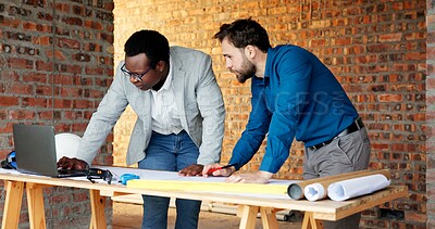 Buy stock photo People, engineer and laptop at site for construction, research and planning for architecture. Men, team or reading with pc for email, online blueprint and project information for building development
