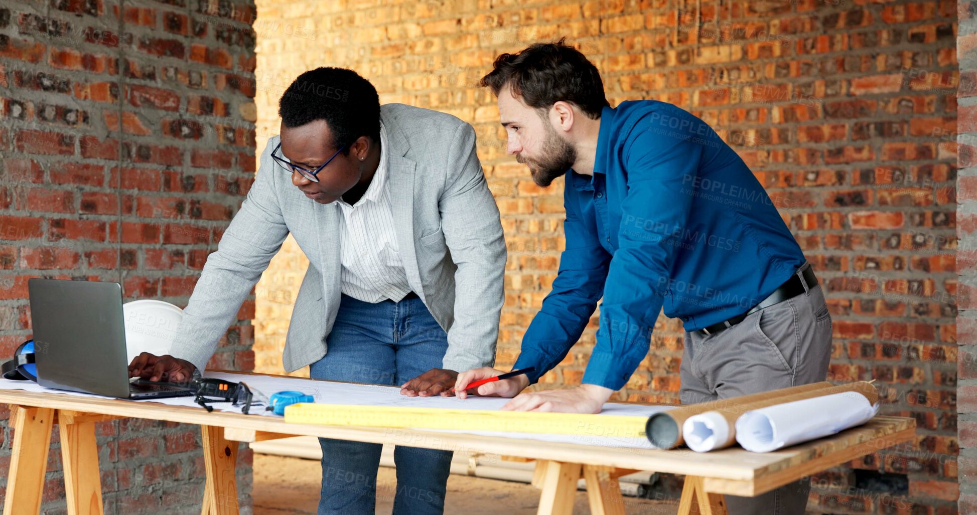 Buy stock photo People, engineer and laptop at site for construction, research and planning for architecture. Men, team or reading with pc for email, online blueprint and project information for building development