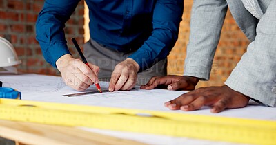 Buy stock photo Hands, engineer and team drawing with document, blueprint and design for architecture. People, writing or paperwork at site for floor plan, illustration and construction sketch for building structure
