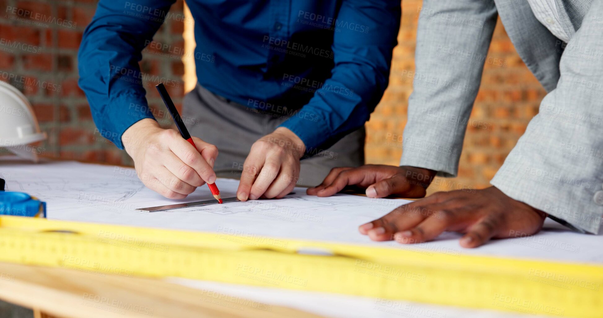 Buy stock photo Hands, engineer and team drawing with document, blueprint and design for architecture. People, writing or paperwork at site for floor plan, illustration and construction sketch for building structure