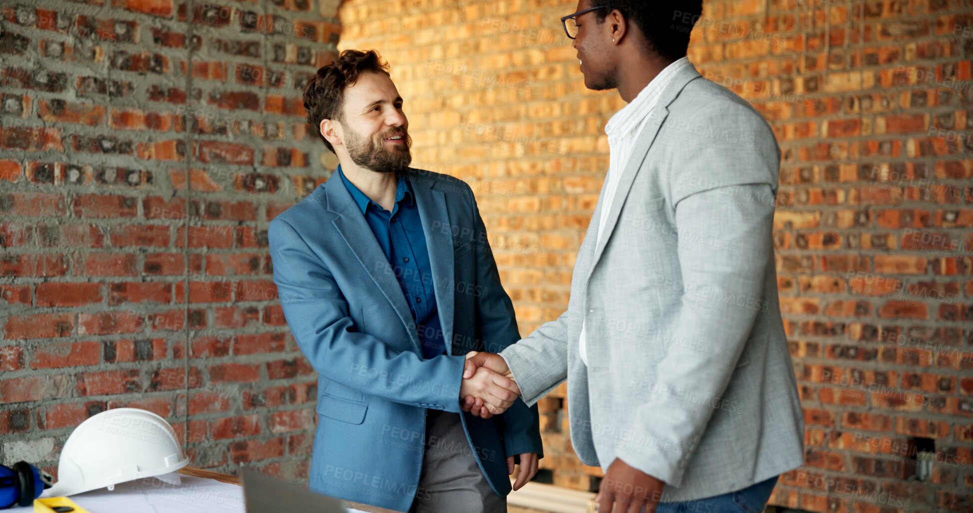 Buy stock photo Architect, men and handshake on construction site, teamwork and agreement for real estate investment. Happy people, shaking hands and collaboration for property development and success in building