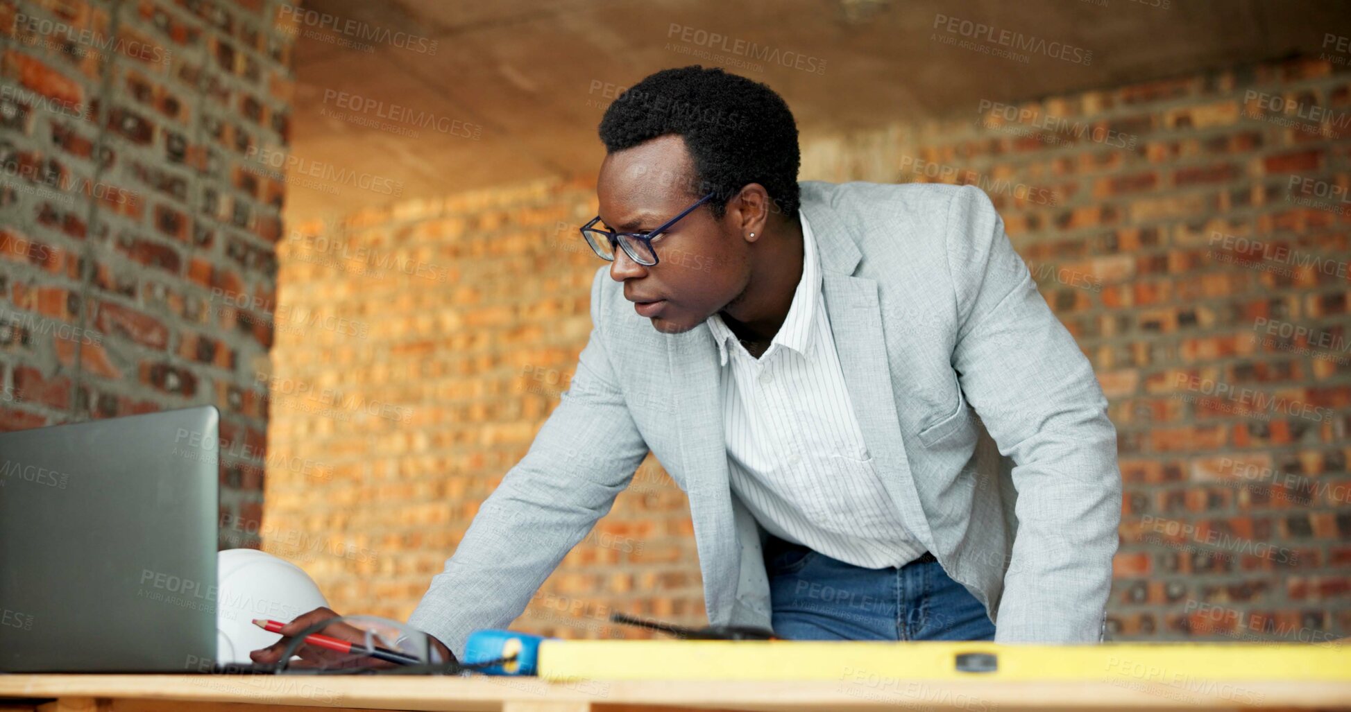 Buy stock photo Laptop, architecture and black man with drawing, construction site and urban development or remodeling. Tech, person and employee for engineering, infrastructure and safety or quality control