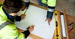 People, engineer and reading at site with document, blueprint and drawing for architecture. Above, team and paperwork with floor plan, illustration and construction structure for building development