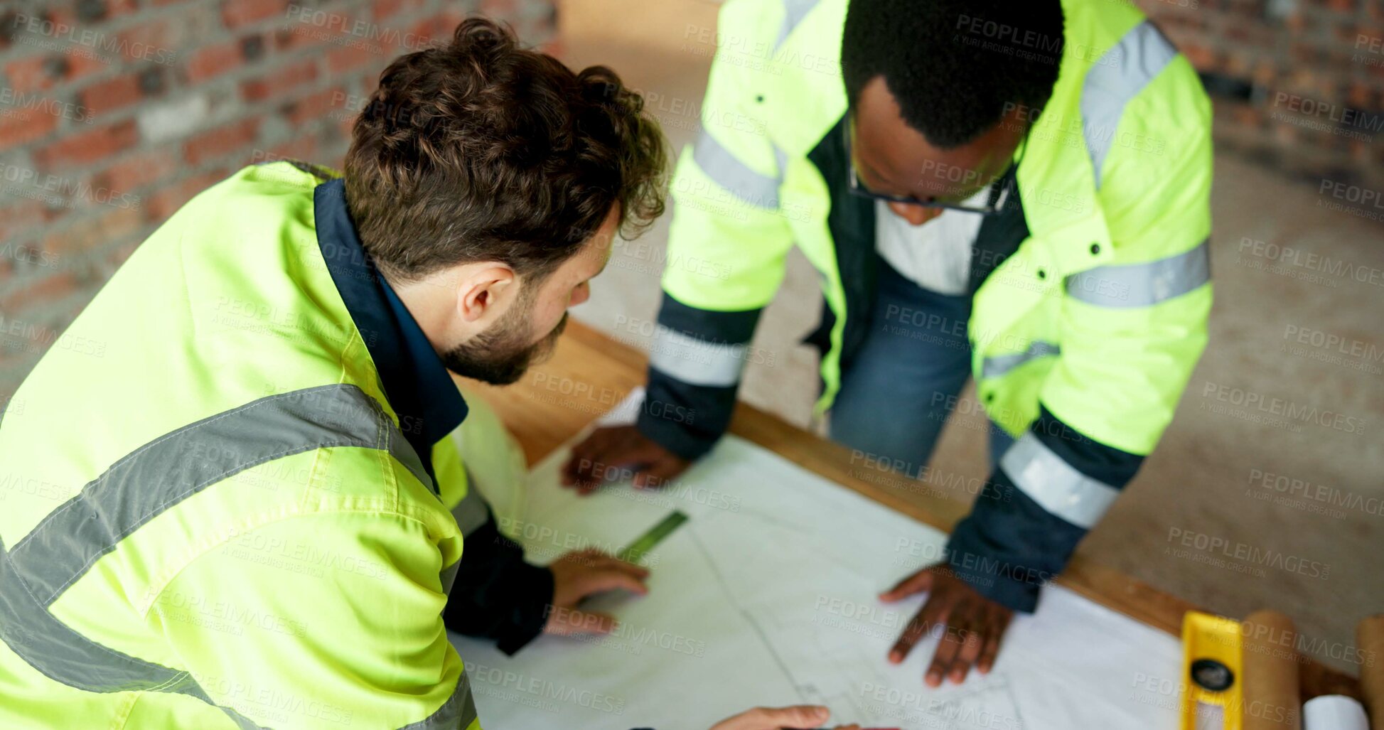 Buy stock photo Man, engineer and team at site with document, blueprint and drawing for architecture design. Above, people and paperwork with floor plan, illustration and construction sketch for building development