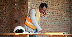 Architect, blueprint or man with phone call for construction, confirm design or project update. Architecture, black person and floor plan with mobile talk for status reporting, feedback and site chat