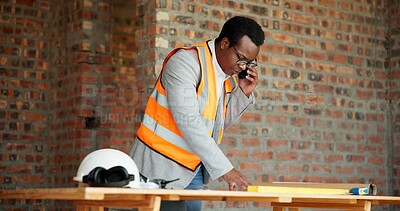 Buy stock photo Architect, blueprint or man with phone call for construction, confirm design or project update. Architecture, black person and floor plan with mobile talk for status reporting, feedback and site chat