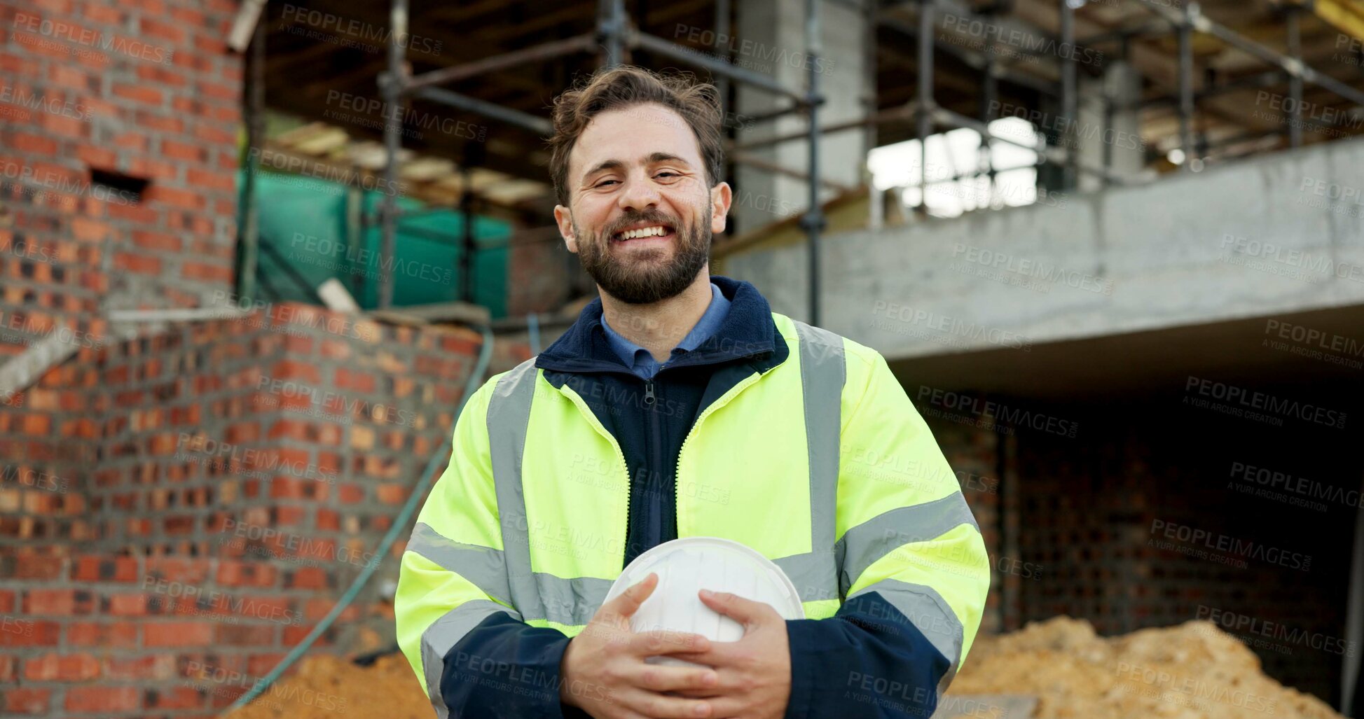 Buy stock photo Portrait, architecture and man with smile, construction site and urban development or remodeling. Happy, person and employee for engineering, pride and infrastructure for safety and quality control
