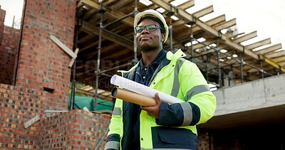 Buy stock photo Thinking, architecture and black man with blueprint, construction site and development or remodeling. Inspection, person and paperwork for engineering, infrastructure and safety or quality control