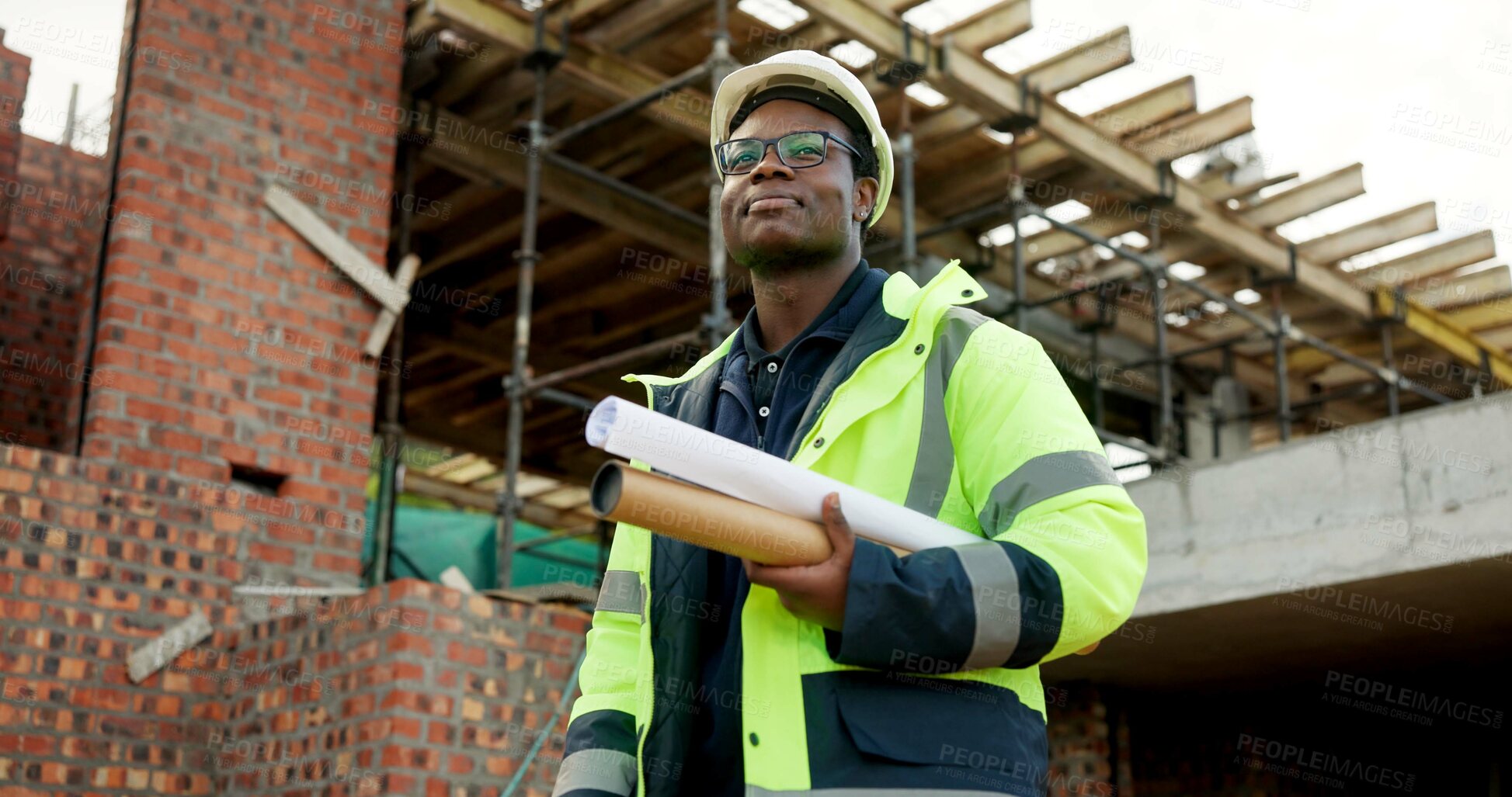 Buy stock photo Thinking, architecture and black man with blueprint, construction site and development or remodeling. Inspection, person and paperwork for engineering, infrastructure and safety or quality control