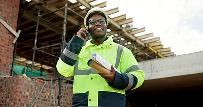 Buy stock photo Architect, smile and man with phone call for construction, confirm progress or project update. Architecture, black person and blueprint with mobile talk for building reporting, feedback and site chat